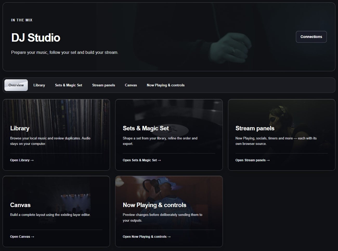 Actual ORYVO DJ Studio with Library, Sets, stream panels and Now Playing tools